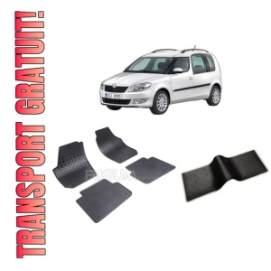 Set 5 covorase SKODA ROOMSTER din 07.2006-04.2015, cu covoras tunel median, CAROSERIE VAN, Presuri cauciuc 100%, compatibil cu autoturismul SKODA ROOMSTER, Rigum