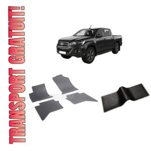 Set 5 covorase TOYOTA HILUX din 09.2016-PREZENT, cu covoras tunel median, CAROSERIE PICK-UP, Presuri cauciuc 100%, compatibil cu autoturismul TOYOTA HILUX, Rigum