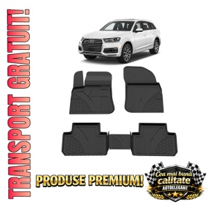 Set covorase Audi Q7 din 2015-2025, covorase presuri tavita auto, cu tunel median intermediar din cauciuc thermoplastic, 4 Stickere auto cu Audi