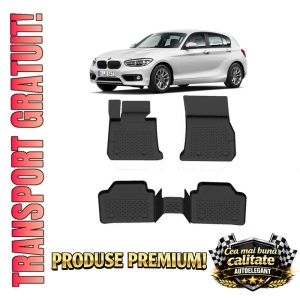 Set covorase BMW Seria 1 F20 din 2011-2018, covorase presuri tavita auto, cu tunel median intermediar din cauciuc thermoplastic, 4 Stickere auto cu BMW