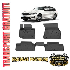 Set covorase BMW Seria 3 G21 din 2018, covorase presuri tavita auto, cu tunel median intermediar din cauciuc thermoplastic, 4 Stickere auto cu BMW