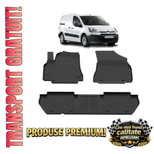 Set covorase Citroen Berlingo din 2008-2018, covorase presuri tavita auto, cu tunel median intermediar din cauciuc thermoplastic, 4 Stickere auto cu Citroen