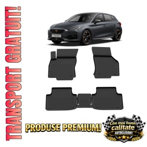 Set covorase Cupra Leon din 2023, covorase presuri tavita auto, cu tunel median intermediar din cauciuc thermoplastic, 4 Stickere auto cu Cupra
