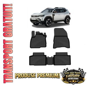 Set covorase Dacia Duster III din 2024 Mild Hybrid, covorase presuri tavita auto, cu tunel median intermediar din cauciuc thermoplastic, 4 Stickere auto cu Dacia