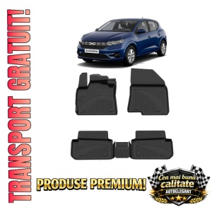 Set covorase Dacia Sandero III din 2020, covorase presuri tavita auto, cu tunel median intermediar din cauciuc thermoplastic, 4 Stickere auto cu Dacia