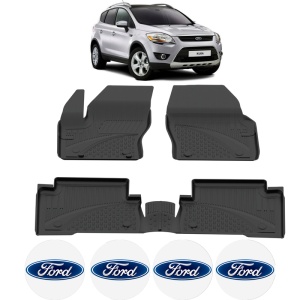 Set covorase Ford Kuga I din 2008 - 2012, covorase presuri tavita auto, cu tunel median intermediar din cauciuc thermoplastic, 4 Stickere auto cu Ford - Img 2