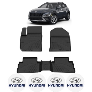 Set covorase Hyundai Kona I din 2017 - 2023, covorase presuri tavita auto, cu tunel median intermediar din cauciuc thermoplastic, 4 Stickere auto cu Hyundai - Img 2