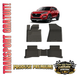 Set covorase Hyundai Tucson III din 2015 - 2020, covorase presuri tavita auto, cu tunel median intermediar din cauciuc thermoplastic, 4 Stickere auto cu Hyundai