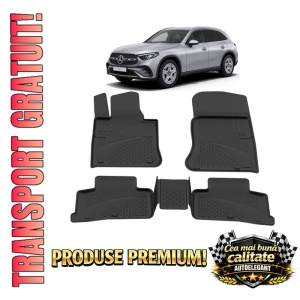 Set covorase Mercedes GLC X254 din 2022, covorase presuri tavita auto, cu tunel median intermediar din cauciuc thermoplastic, 4 Stickere auto cu Mercedes