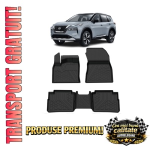Set covorase Nissan X-Trail E-Power din 2022, covorase presuri tavita auto, cu tunel median intermediar din cauciuc thermoplastic, 4 Stickere auto cu Nissan