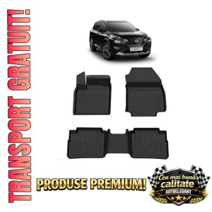 Set covorase Nissan X-Trail IV din 2022, covorase presuri tavita auto, cu tunel median intermediar din cauciuc thermoplastic, 4 Stickere auto cu Nissan