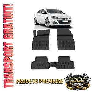 Set covorase Opel Astra IV J din 2009 - 2018, covorase presuri tavita auto, cu tunel median intermediar din cauciuc thermoplastic, 4 Stickere auto cu Opel
