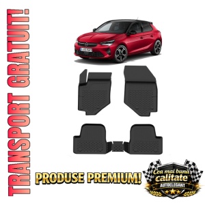 Set covorase Opel Corsa F din 2019, covorase presuri tavita auto, cu tunel median intermediar din cauciuc thermoplastic, 4 Stickere auto cu Opel
