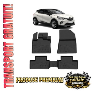Set covorase Renault Captur II din 2019, covorase presuri tavita auto, cu tunel median intermediar din cauciuc thermoplastic, 4 Stickere auto cu Renault