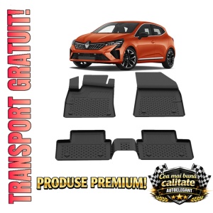 Set covorase Renault Clio V din 2019, covorase presuri tavita auto, cu tunel median intermediar din cauciuc thermoplastic, 4 Stickere auto cu Renault
