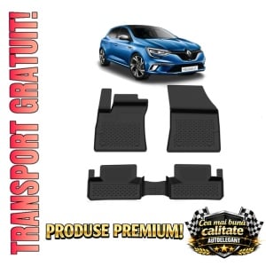 Set covorase Renault Megane IV Hatchback din 2016, covorase presuri tavita auto, cu tunel median intermediar din cauciuc thermoplastic, 4 Stickere auto cu Renault