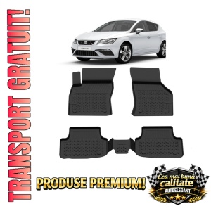 Set covorase Seat Leon III din 2012-2020, covorase presuri tavita auto, cu tunel median intermediar din cauciuc thermoplastic, 4 Stickere auto cu Seat
