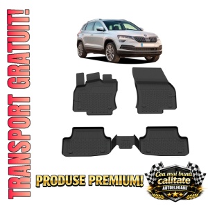 Set covorase Skoda Karoq din 2018, covorase presuri tavita auto, cu tunel median intermediar din cauciuc thermoplastic, 4 Stickere auto cu Skoda