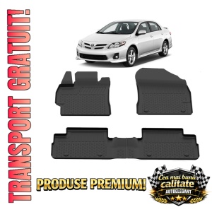 Set covorase Toyota Corolla din 2007 - 2012, covorase presuri tavita auto, cu tunel median intermediar din cauciuc thermoplastic, 4 Stickere auto cu Toyota
