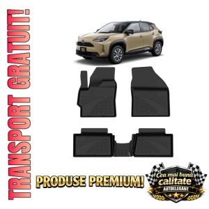 Set covorase Toyota Yaris Cross din 2020, covorase presuri tavita auto, cu tunel median intermediar din cauciuc thermoplastic, 4 Stickere auto cu Toyota