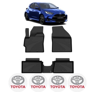 Set covorase Toyota Yaris Hybrid din 2020, covorase presuri tavita auto, cu tunel median intermediar din cauciuc thermoplastic, 4 Stickere auto cu Toyota - Img 2