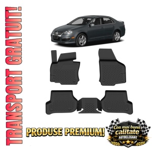 Set covorase Volkswagen Jetta din 2005 - 2010, covorase presuri tavita auto, cu tunel median intermediar din cauciuc thermoplastic, 4 Stickere auto cu Volkswagen