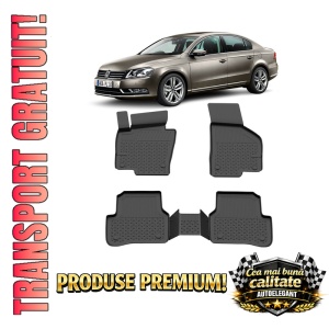 Set covorase Volkswagen Passat B7 din 2010 - 2014, covorase presuri tavita auto, cu tunel median intermediar din cauciuc thermoplastic, 4 Stickere auto cu Volkswagen
