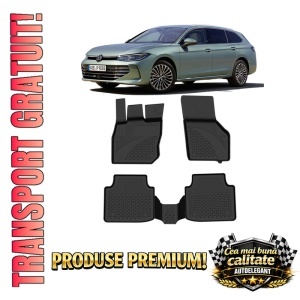 Set covorase Volkswagen Passat B9 din 2024, covorase presuri tavita auto, cu tunel median intermediar din cauciuc thermoplastic, 4 Stickere auto cu Volkswagen