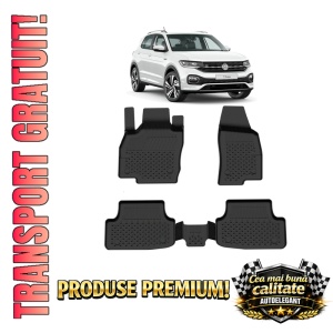 Set covorase Volkswagen T-Cross din 2019, covorase presuri tavita auto, cu tunel median intermediar din cauciuc thermoplastic, 4 Stickere auto cu Volkswagen