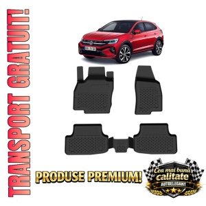 Set covorase Volkswagen Taigo din 2021, covorase presuri tavita auto, cu tunel median intermediar din cauciuc thermoplastic, 4 Stickere auto cu Volkswagen