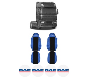 Set Huse Scaune Camion Tir DAF 95 XF din 1997-2002, Auto, Model ELEGANCE Q, Culoare Albastru, 4x Stickere auto cu DAF