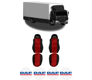 Set Huse Scaune Camion Tir DAF CF 65 din 2001-2013, Auto, Model CLASSIC, Culoare Rosu, 4x Stickere auto cu DAF