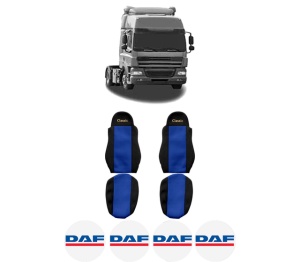 Set Huse Scaune Camion Tir DAF CF 85 din 2001-2020, Auto, Model CLASSIC, Culoare Albastru, 4x Stickere auto cu DAF