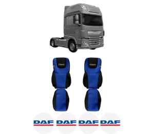 Set Huse Scaune Camion Tir DAF XF 106 din 2012-2017, Auto, Model CLASSIC, Culoare Albastru, 4x Stickere auto cu DAF