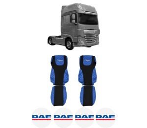 Set Huse Scaune Camion Tir DAF XF 106 din 2012-2017, Auto, Model ELEGANCE Q, Culoare Albastru, 4x Stickere auto cu DAF