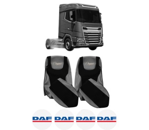Set Huse Scaune Camion Tir DAF XF II din 2021-2023, Auto, Model ELEGANCE S, Culoare Gri, 4x Stickere auto cu DAF