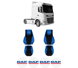Set Huse Scaune Camion Tir DAF XG+ din 2021, Auto, Model ELEGANCE Q, Culoare Albastru, 4x Stickere auto cu DAF