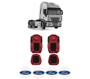 Set Huse Scaune Camion Tir FORD STRALIS II din 2012-2017, Auto, Model ELEGANCE Q, Culoare Rosu, 4x Stickere auto cu FORD