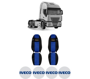 Set Huse Scaune Camion Tir Iveco STRALIS II din 2012-2017, Auto, Model CLASSIC, Culoare Albastru, 4x Stickere auto cu Iveco