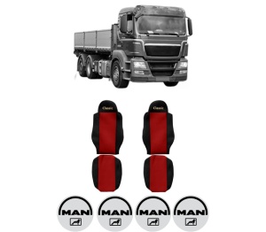Set Huse Scaune Camion Tir MAN TGS I din 2005-2022, Auto, Model CLASSIC, Culoare Rosu, 4x Stickere auto cu MAN