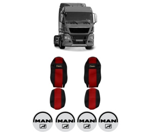 Set Huse Scaune Camion Tir MAN TGX I din 2006-2021, Auto, Model CLASSIC, Culoare Rosu, 4x Stickere auto cu MAN