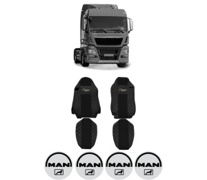 Set Huse Scaune Camion Tir MAN TGX I din 2006-2021, Auto, Model ELEGANCE Q, Culoare Negru, 4x Stickere auto cu MAN