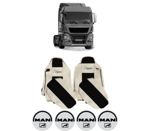 Set Huse Scaune Camion Tir MAN TGX I din 2006-2021, Auto, Model ELEGANCE S, Culoare Sampanie, 4x Stickere auto cu MAN