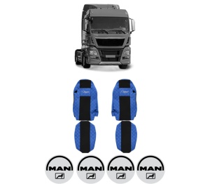 Set Huse Scaune Camion Tir MAN TGX I din 2006-2021, Auto, Model ELEGANCE Q, Culoare Albastru, 4x Stickere auto cu MAN