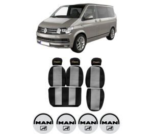 Set Huse Scaune Camion Tir MAN TRANSPORTER T5 Bus (7HB, 7HJ, 7EB, 7EJ) din 2003-2015, Auto, Model CLASSIC, Culoare Gri, 4x Stickere auto cu MAN