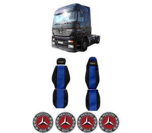 Set Huse Scaune Camion Tir MERCEDES-BENZ ACTROS din 1996-2003, Auto, Model CLASSIC, Culoare Albastru, 4x Stickere auto cu MERCEDES-BENZ