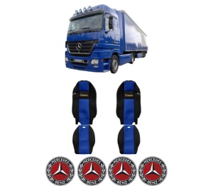 Set Huse Scaune Camion Tir MERCEDES-BENZ ACTROS MP2 / MP3 din 2002-2009, Auto, Model CLASSIC, Culoare Albastru, 4x Stickere auto cu MERCEDES-BENZ