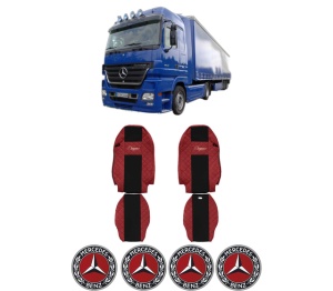 Set Huse Scaune Camion Tir MERCEDES-BENZ ACTROS MP2 / MP3 din 2002-2009, Auto, Model ELEGANCE Q, Culoare Rosu, 4x Stickere auto cu MERCEDES-BENZ