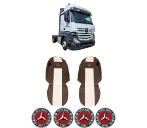 Set Huse Scaune Camion Tir MERCEDES-BENZ ACTROS MP4 / MP5 din 2011-2024, Auto, Model ELEGANCE Q, Culoare Bej, 4x Stickere auto cu MERCEDES-BENZ