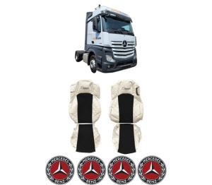 Set Huse Scaune Camion Tir MERCEDES-BENZ ACTROS MP4 / MP5 din 2011-2024, Auto, Model ELEGANCE Q, Culoare Bej, 4x Stickere auto cu MERCEDES-BENZ